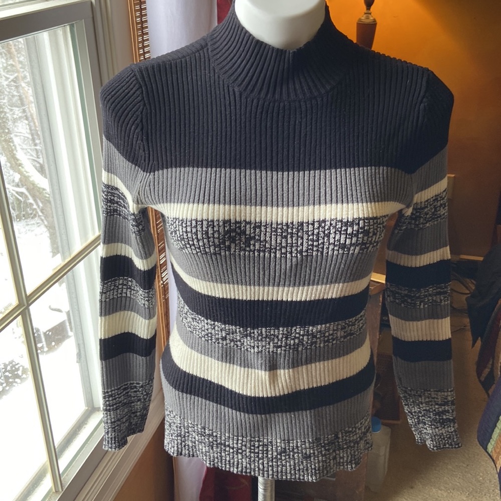 PM 100% COTTON STUDIO WORKS PETITE TURTLENECK BLACK GRAY CREAM EUC
